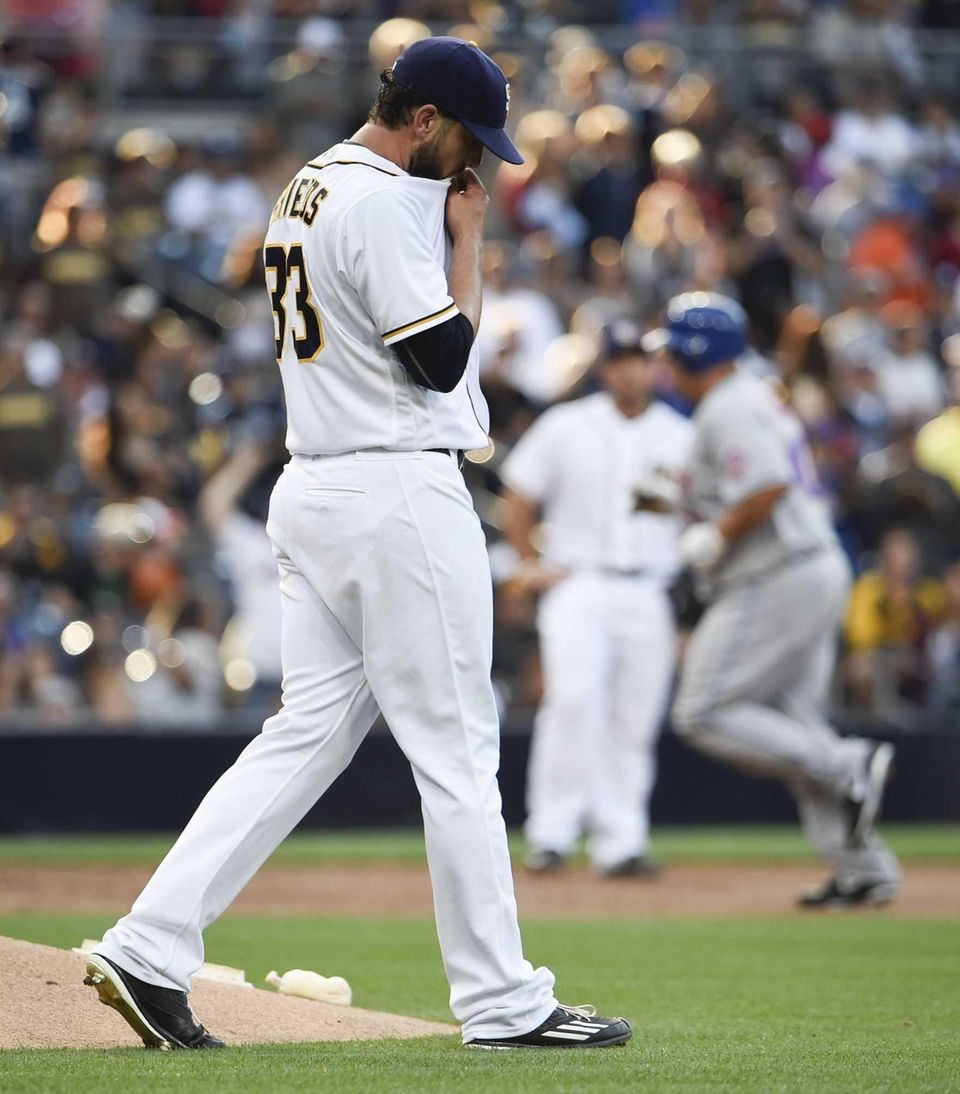 James Shields of the San Diego Padres steps