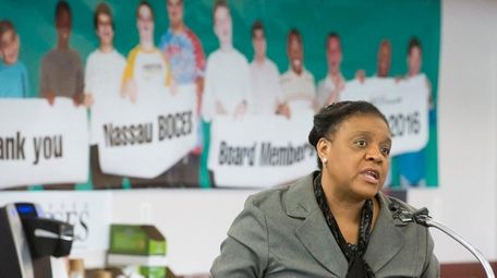 Uniondale resident Barbara Ford speaks to the Nassau
