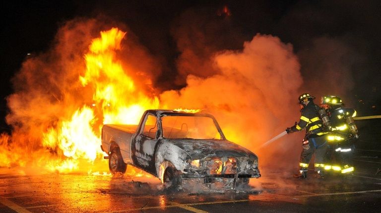 The Huntington Manor Fire Department battles a fire