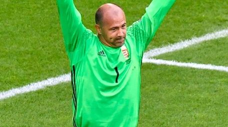 Hungary's goalkeeper Gabor Kiraly celebrates after a 2-0