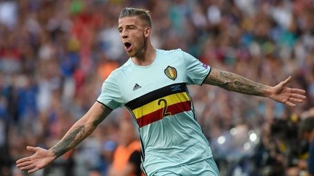 Belgium's defender Toby Alderweireld celebrates his goal during