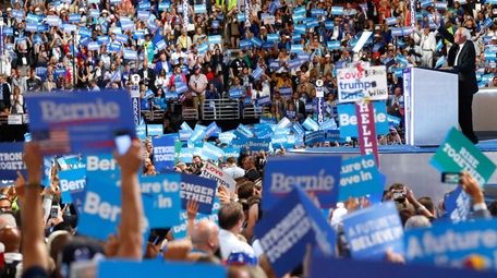 Sen. Bernie Sanders acknowledges the crowd before delivering