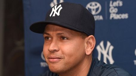 New York Yankees' Alex Rodriguez speaks at a