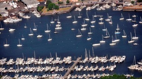 An aerial view of boats in the waters