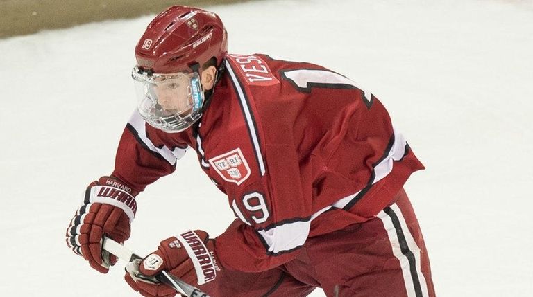 Harvard forward Jimmy Vesey in action during the