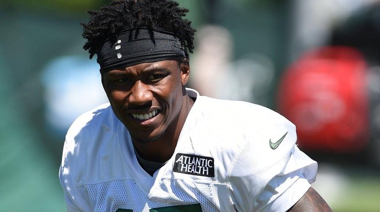 New York Jets wide receiver Brandon Marshall looks