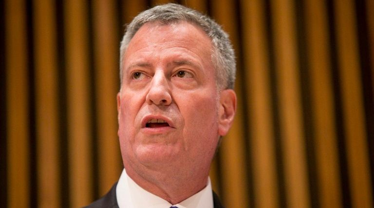 New York Mayor Bill de Blasio speaks during