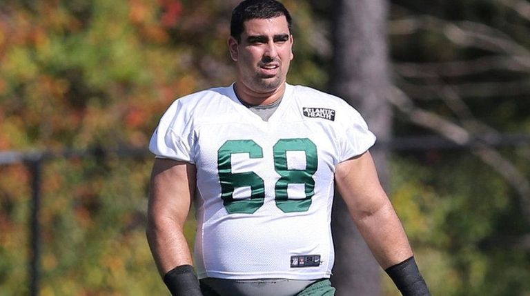 New York Jets' Breno Giacomini participates in football