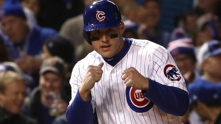 Anthony Rizzo of the Chicago Cubs reacts after