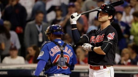 Cleveland Indians' Tyler Naquin reacts after striking out
