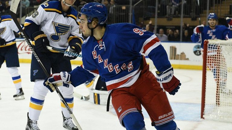 New York Rangers center Mika Zibanejad reacts after