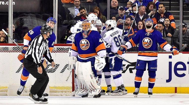 Tampa Bay Lightning center Steven Stamkos is congratulated