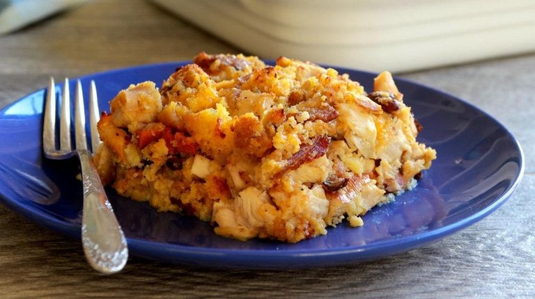 Leftover stuffing and turkey are baked with milk,