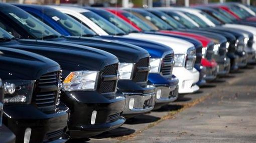 Ram pickup trucks are on display on the