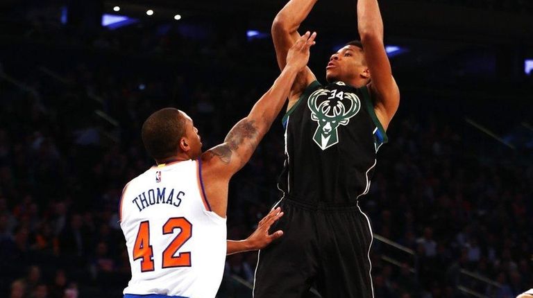 Giannis Antetokounmpo of the Milwaukee Bucks shoots