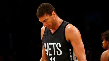 Brook Lopez #11 of the Brooklyn Nets looks