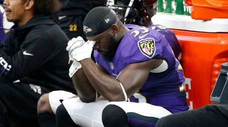 Baltimore Ravens safety Matt Elam sits on the bench