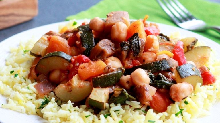 A vegetable ragout made with eggplant, zucchini, chickpeas,
