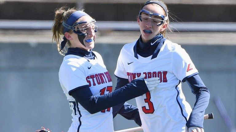 Stony Brook attacker Kylie Ohlmiller, left, celebrates her