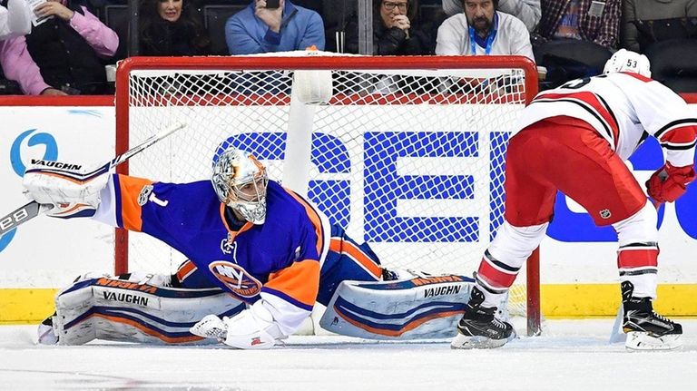 Carolina's Jeff Skinner scores on a penalty shot