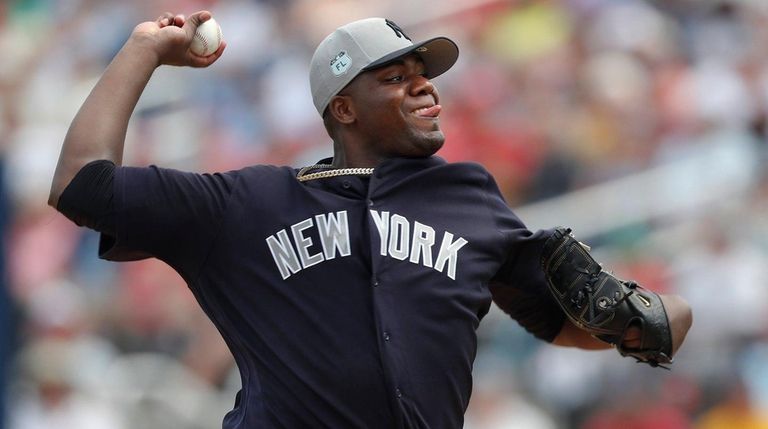 New York Yankees starting pitcher Michael Pineda works