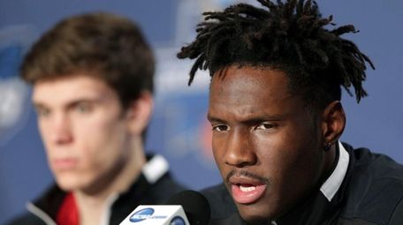Wisconsin forward Nigel Hayes speaks during a news