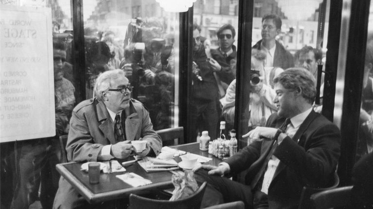 Newsday columnist Jimmy Breslin talks with Gov. Bill