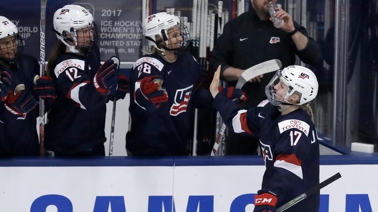 United States forward Jocelyne Lamoureux-Davidson is congratulated by