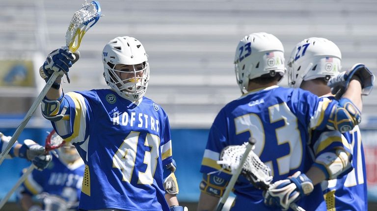 Hofstra's Ryan Tierney reacts after scoring against Delaware