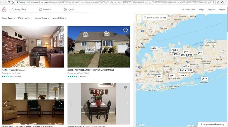 The Airbnb website shows rentals available on Long Island.