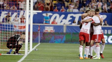 New York Red Bulls players celebrate a goal