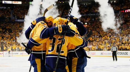 Austin Watson #51 of the Nashville Predators celebrates