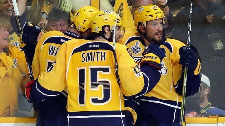 Frederick Gaudreau #32 of the Nashville Predators celebrates