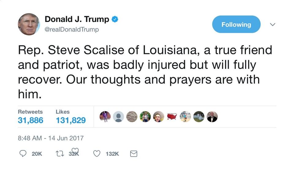 Trump tweeted about the shooting of House Majority