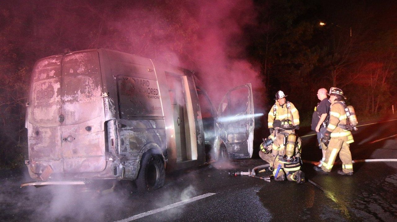 No one hurt when fire engulfs armored truck, officials say | Newsday