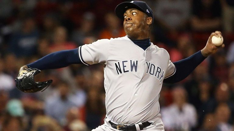 Aroldis Chapman of the Yankees delivers in the
