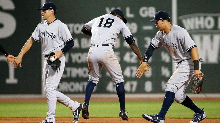 The Yankees' Jacoby Ellsbury, Didi Gregorius and Aaron Judge,