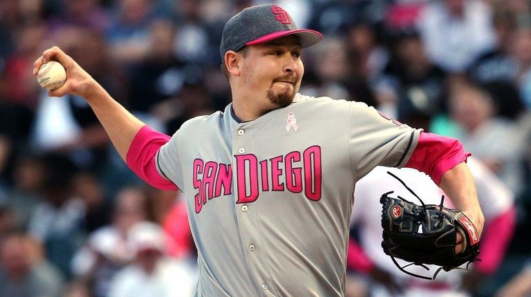 San Diego Padres starting pitcher Trevor Cahill works