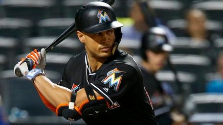 Giancarlo Stanton of the Miami Marlins bats against