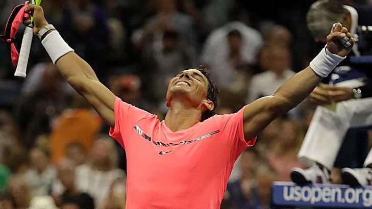 Rafael Nadal reacts to his three-set victory over