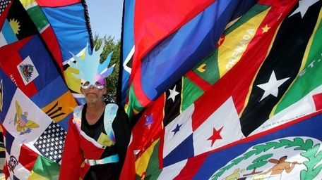 This man's costume was a patchwork of flags