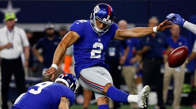 Giants' Aldrick Rosas kicks a field goal during a game