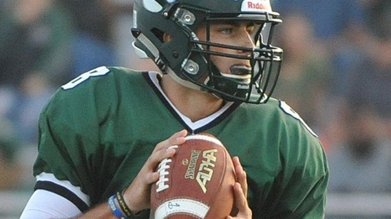Nick Anzalone #8, Lindenhurst quarterback, looks downfield during