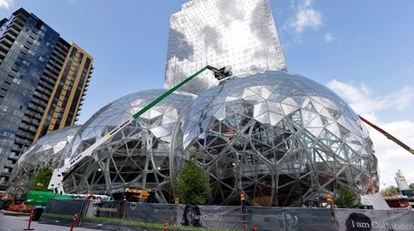 Construction on glass domes at the Amazon.com campus
