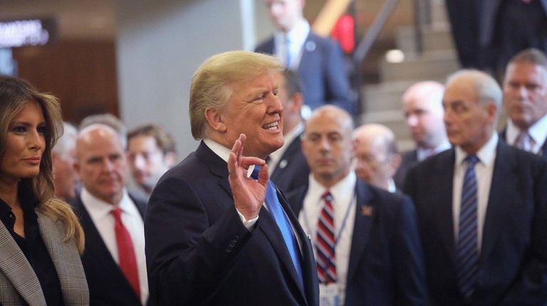President Donald Trump speaks to the media at