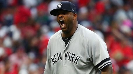 CC Sabathia of the Yankees reacts to a