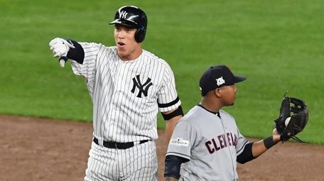 New York Yankees outfielder Aaron Judge reacts after