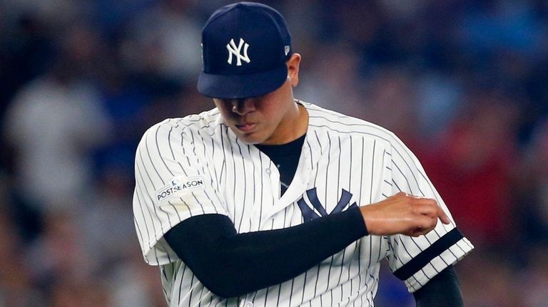 Dellin Betances of the Yankees reacts during the eighth inning