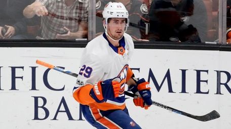 Islanders center Brock Nelson celebrates after scoring against