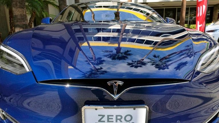 A Tesla Model S on display in downtown